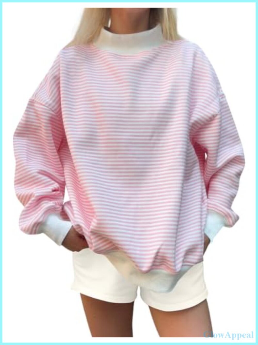 Women's Oversized Mock Neck Striped Sweatshirt Cotton Blend Long Sleeve Pullover